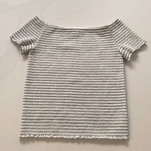 Off the shoulder white top with black stripes